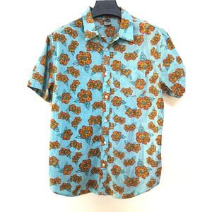 Hang Ten Mens Large Floral Shirt Blue Orange 100% Cotton Hawaiian Surf Button Up
